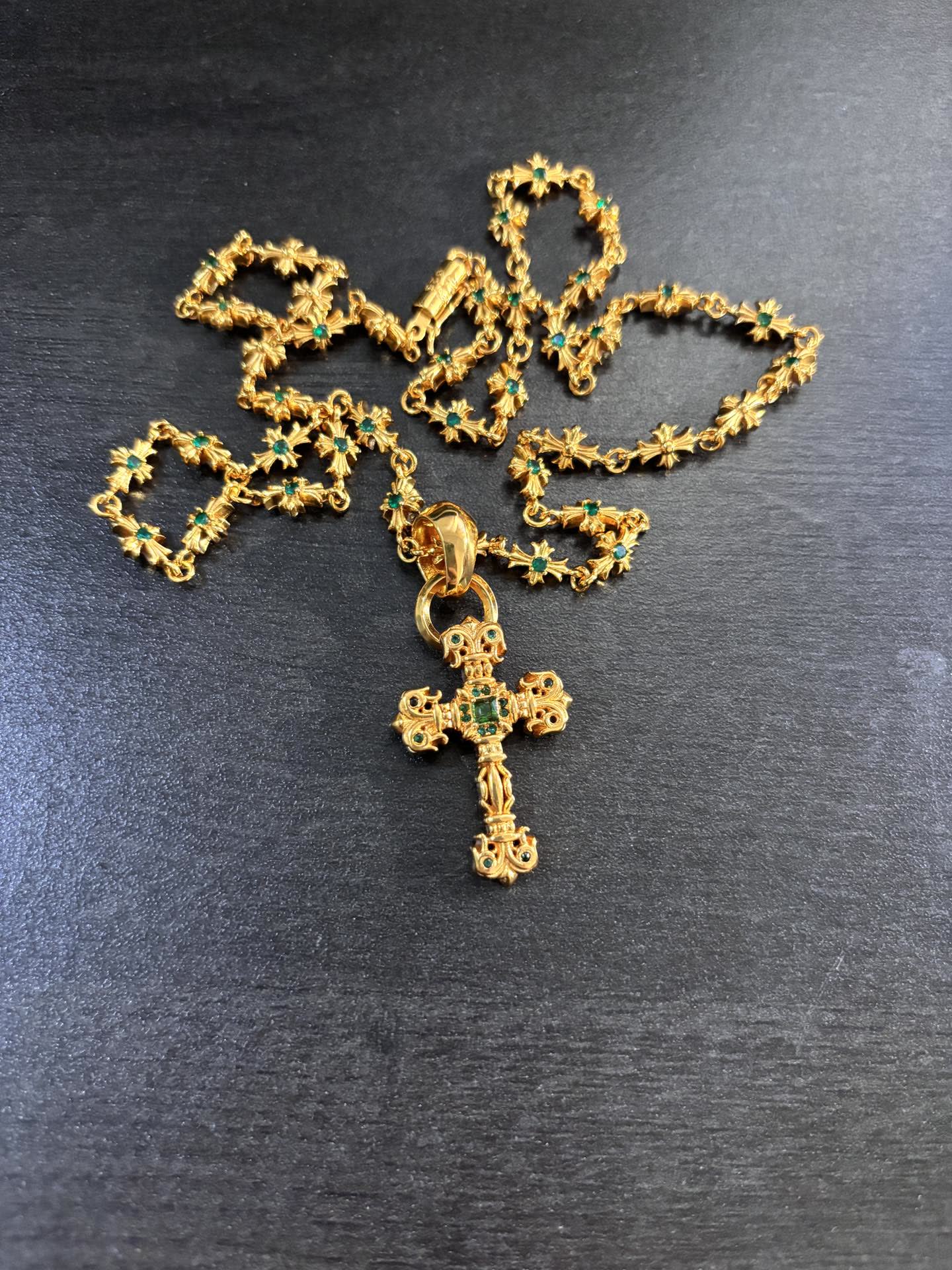 Chrome Hearts Gold Tone Emerald Cross Pendant Necklace